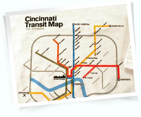 Picture of the Cincinatti Transit map for optimists t-shirt