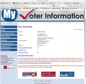 Screen shot of Ohio Secretary of States voter data for David Esrati showing wrong precinct