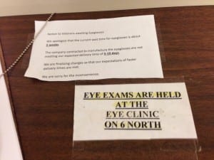 Sign at Dayton VA explaining delay in glasses delivery