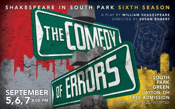 Poster for Historic South Park in Dayton Ohio's Shakespeare production of "The Comedy of Errors" 
