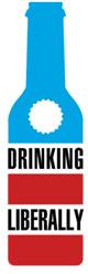 The Drink Liberally logo, a blue and red bottle