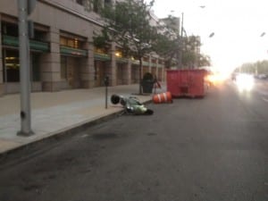 Photo of scooter knocked over by Derecho winds in Downtown Dayton Ohio