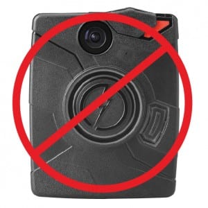 Photo of a taser body cam with a red circle slash on top