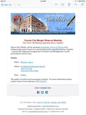 An email on official City of Dayton letterhead from Nan Whaley to a public political meeting about the defunct regionalization meeting