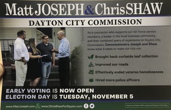 Campaign mailer for Chris Shaw and Matt Joseph for white folks of Dayton