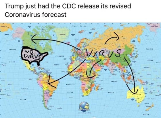 World map of coronavirus spread with trump-like sharpie markup