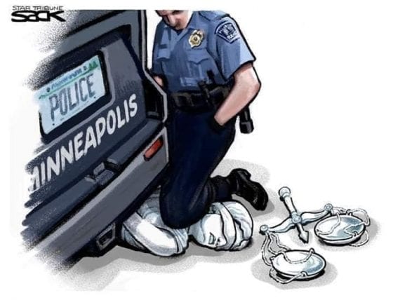 Steve Sack illustration of Lady Justice being kneed to death