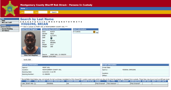 Screen capture of Booking information for Brian Higgins