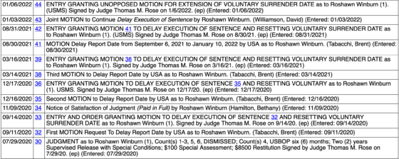 Judge Thomas M Rose docket entires delaying Roshawn Winburn's prison date