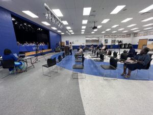 Empty room for Dayton Public School Board meeting at Dunbar on 18 July 2023