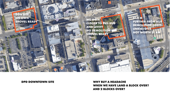  Why buy the diner location when we already have two shovel ready locations  that we already own? Former Dayton Daily News and Schwind Building on S. Ludlow, Dave Hall Plaza on S. Jefferson across from Think TV (closer to the bus hub) and that could begin construction immediately.